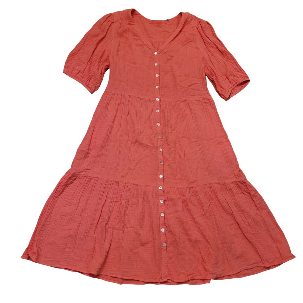 Soft Surroundings XL Midi Dress Coral Cotton Gauze Tiered Button Front ARIELLE